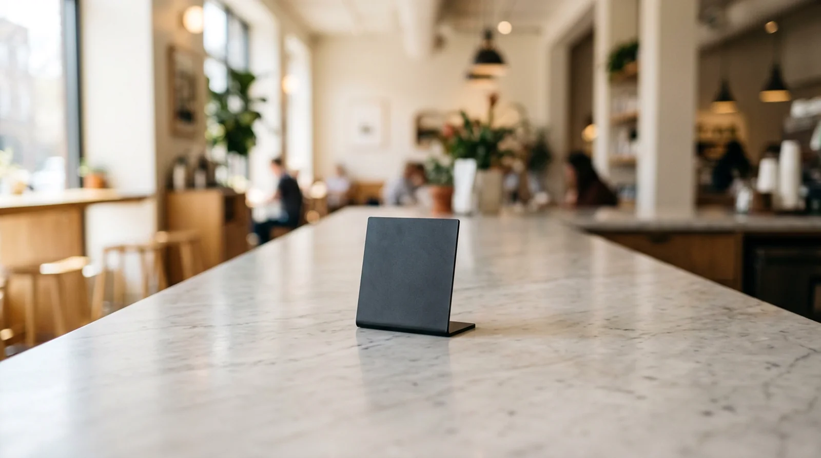 Balcão de mármore de um café com uma mão a aproximar um telemóvel de uma placa preta pousada no tampo