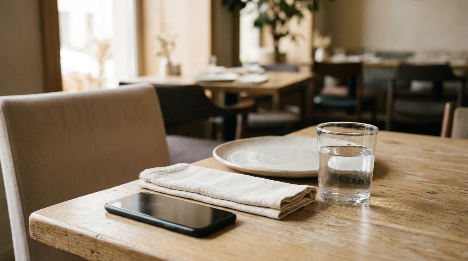 Mesa de restaurante com um telemóvel pousado a mostrar um menu, ao lado de um prato e de um copo de água