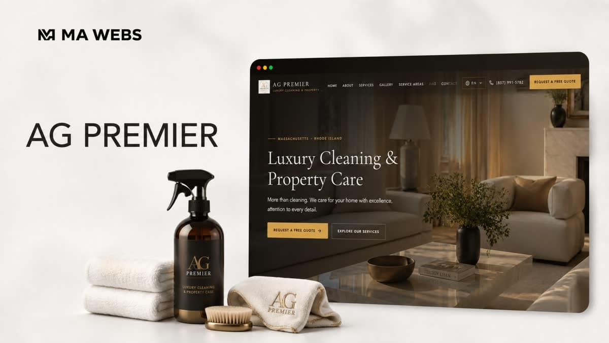 Página inicial do site da AG Premier, com fotografia de um interior e o título Luxury Cleaning and Property Care