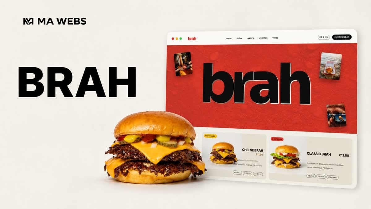 Página inicial do site do Brah Ericeira, com fotografia de um hambúrguer