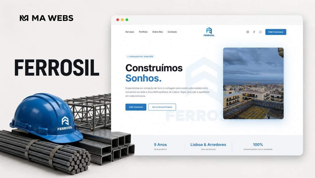 Página inicial do site da Ferrosil, com o título Construímos Sonhos e uma fotografia de obra