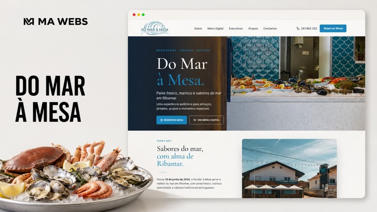 Página inicial do site do Do Mar à Mesa, com fotografia de marisco e botão de reserva