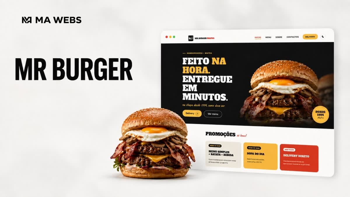 Página inicial do site do Mr. Burger, com fotografia de um hambúrguer