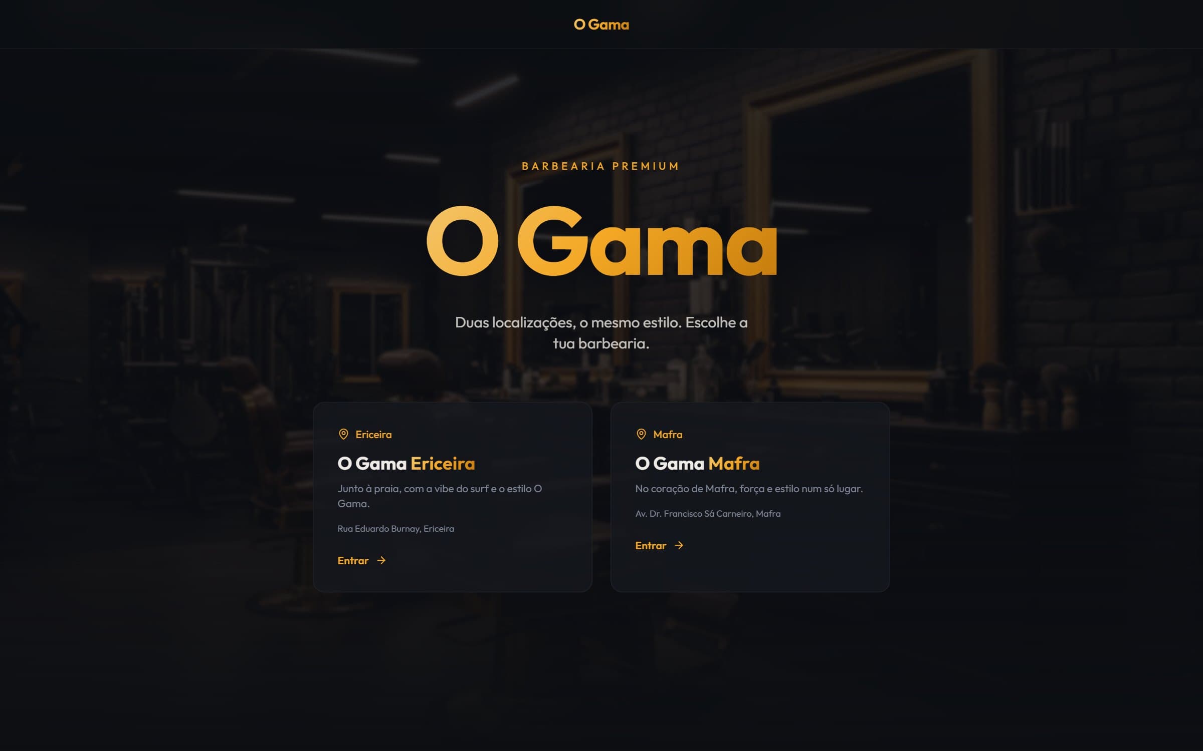 Topo do site da barbearia O Gama, com as casas da Ericeira e de Mafra